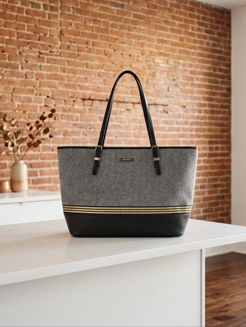 Nine West Gray and Black Tote with Gold Stripe